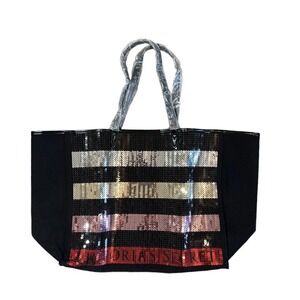 VICTORIAS SECRET Black Bling Stripe Sequin Large Tote Bag 16X13X5.5 New Friday